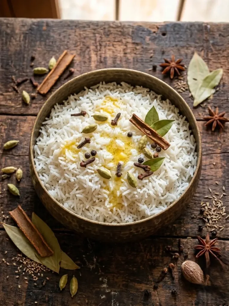 Aromatic unpolished white rice in a brass bowl with ghee drizzle and whole spices like cardamom and cinnamon
