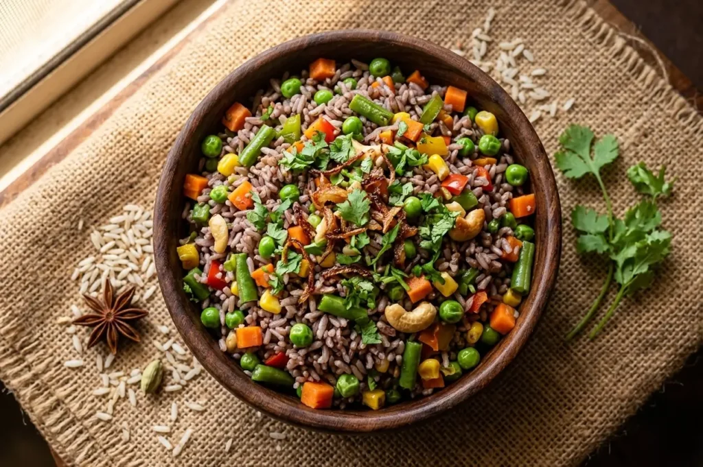 Authentic, aromatic Kalanamak rice vegetable pulao recipe, showcasing the traditional Buddha Rice heritage of Siddharthnagar.