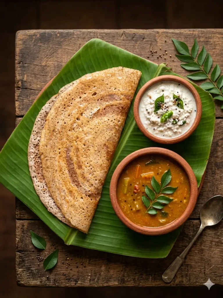 Crispy Red Rice Dosa on banana leaf with sambar and coconut chutney