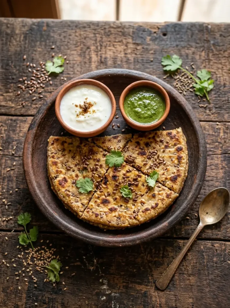 Crispy flax seed multigrain paratha served with yogurt and green chutney on a clay plate