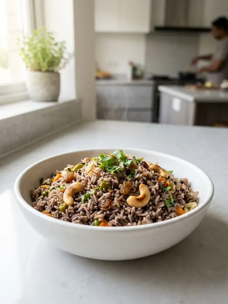 Steaming bowl of nutritious Red Rice Pulao with roasted cashews on a modern kitchen counter