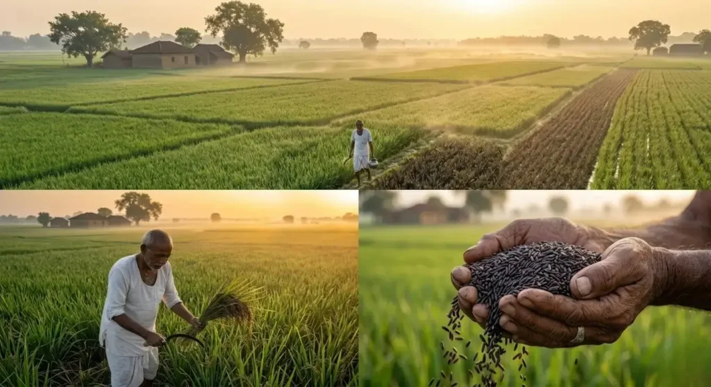 Three-part collage showing a lush Kalanamak rice field of Eastern Uttar Pradesh, an Indian farmer harvesting crops at sunrise, and close-up of weathered hands holding black grains.