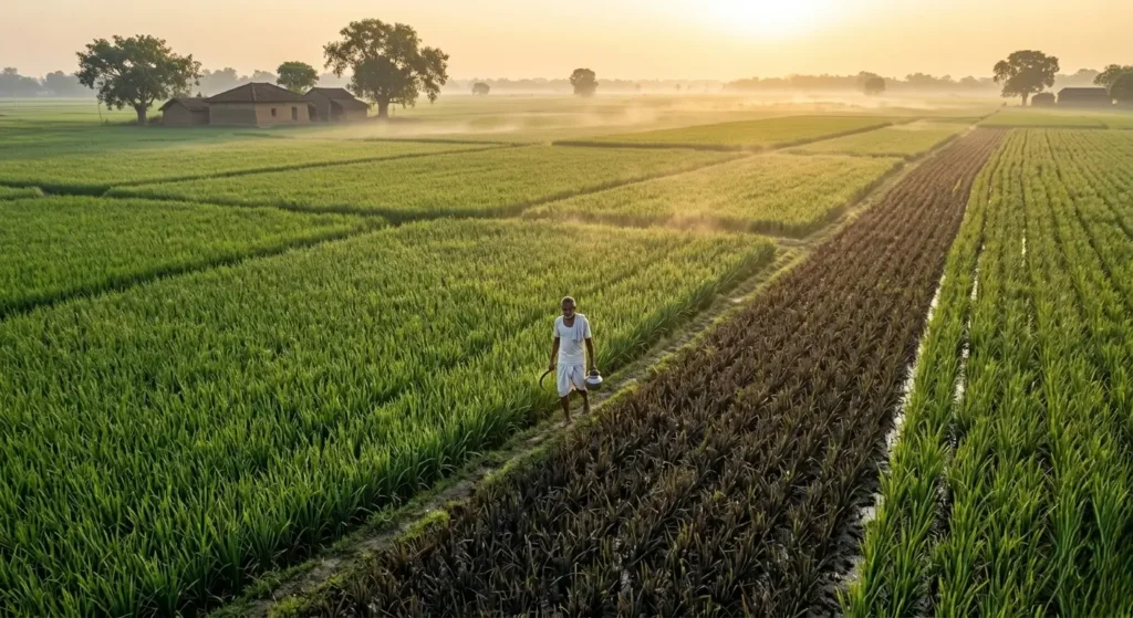 Cinematic aerial view of lush green Kalanamak rice paddy fields in Siddharthnagar, Uttar Pradesh, during golden hour with a traditional Indian farmer.