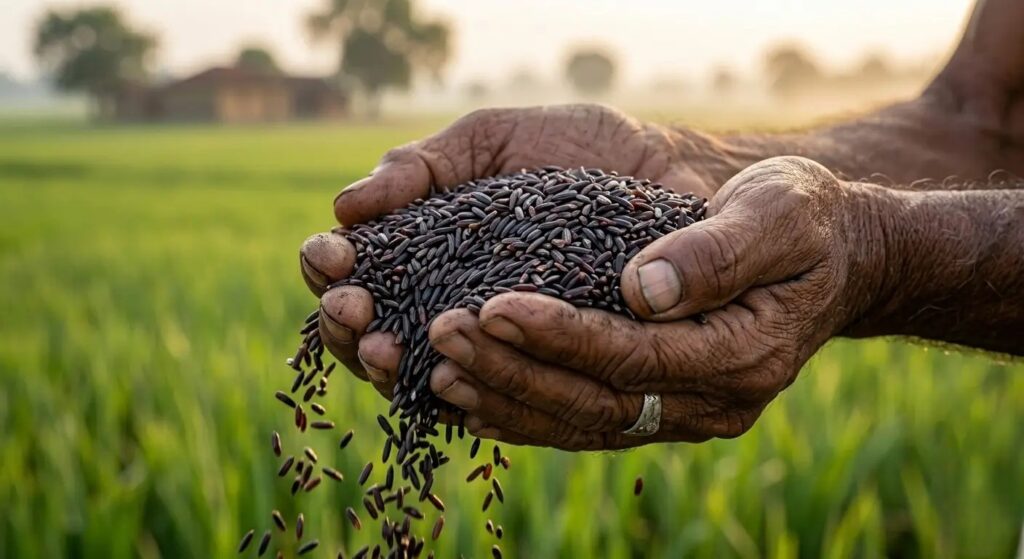 Close-up of an Indian farmer's weathered hands holding freshly harvested black Kalanamak rice grains in a green paddy field