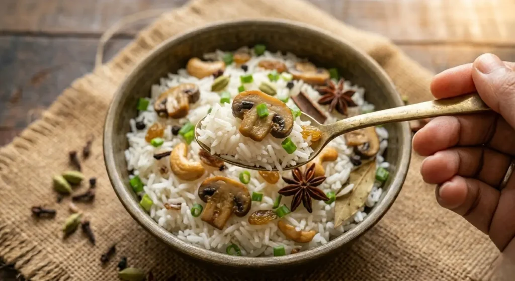 A spoonful of aromatic Mushroom Kalanamak Rice Pulao being lifted from a brass bowl