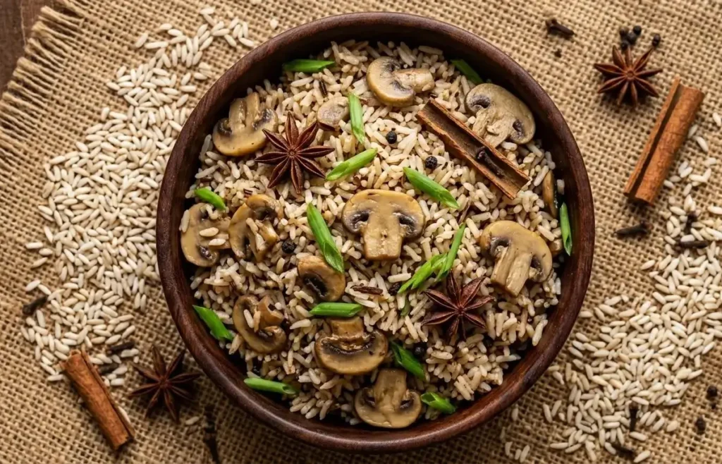 Healthy Mushroom and Kalanamak Rice Pulao served in a wooden bowl on a rustic jute cloth background.