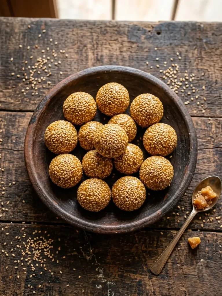 Golden sesame and jaggery ladoos arranged on a dark clay plate with scattered til seeds on a wooden background (Til Gud Ladoo" aur "Sesame Jaggery Ladoo)