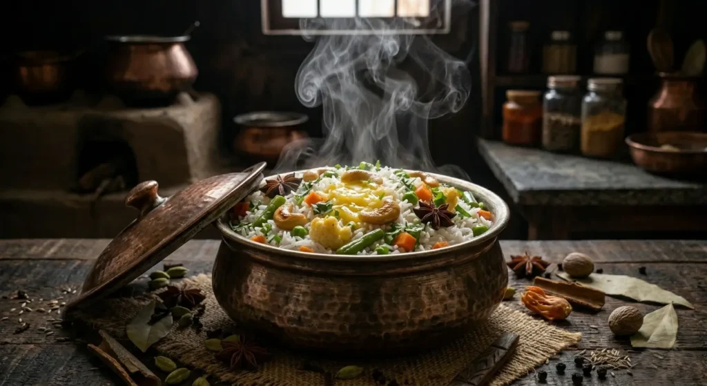 Steaming kalanamak rice vegetable pulao with carrots and peas in a traditional copper handi garnished with ghee and whole spices