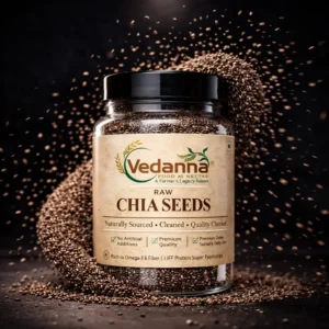Vedanna raw chia seeds jar with seeds exploding mid air premium organic superfood black background