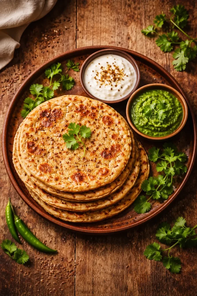 Golden Flax Seed Multigrain Paratha served with curd and chutney — healthy Indian breakfast recipe by Vedanna