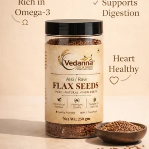 Vedanna flax seeds benefits showing omega 3 rich, supports digestion and heart health, premium alsi seeds jar on clean background