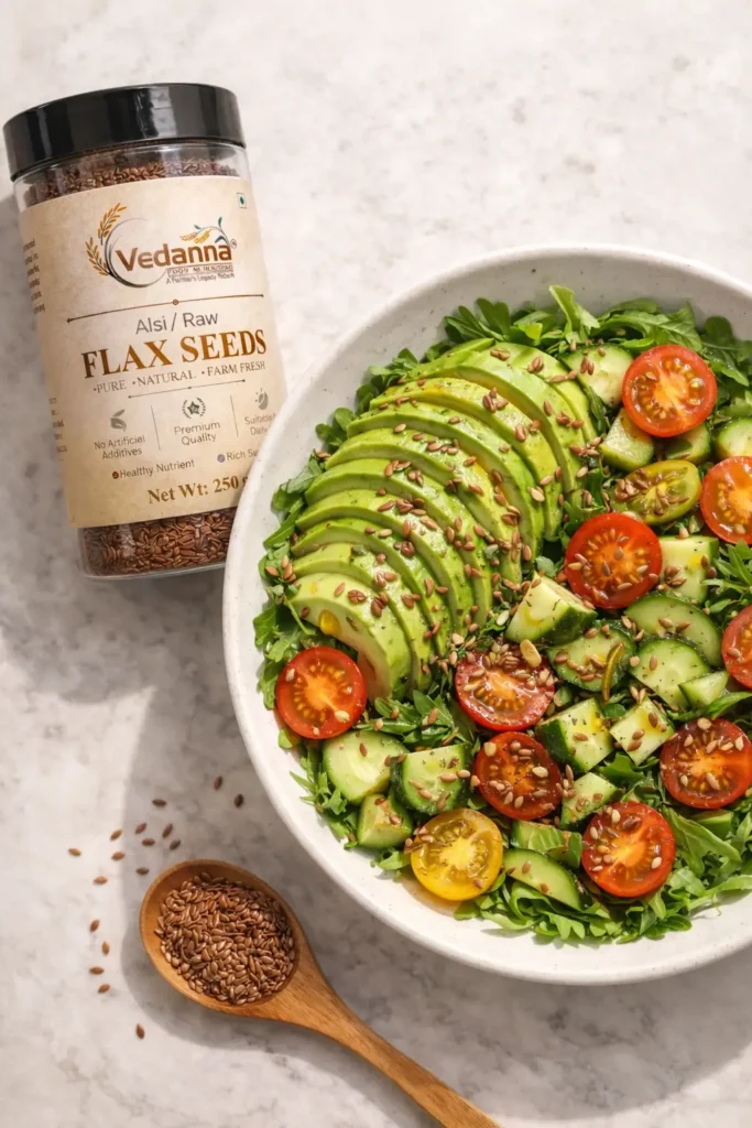 Vedanna flax seeds sprinkled on fresh avocado salad with cucumber and cherry tomatoes, healthy weight loss meal with omega 3 rich seeds