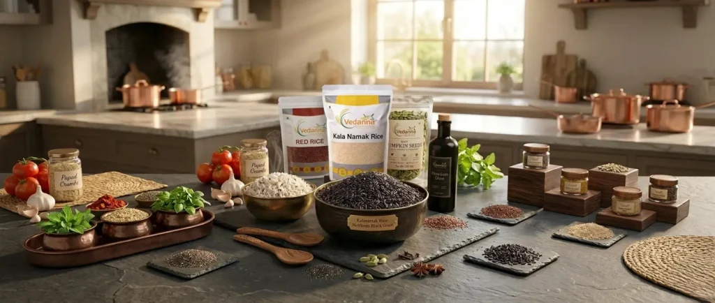 A complete product lineup of Vedanna foods featuring unpolished black Kalanamak rice, cooked rice, chia seeds, red rice, raw pumpkin seeds, premium ghee, and spices on a rustic kitchen counter.