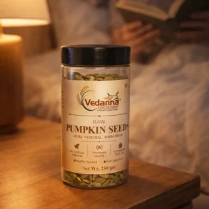 Vedanna Pumpkin Seeds jar on bedside table healthy night snack cozy lifestyle India