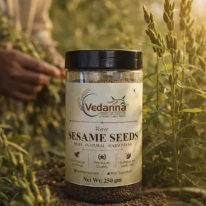Vedanna raw sesame seeds jar placed in organic farm setting with natural sunlight, premium quality healthy seeds from India