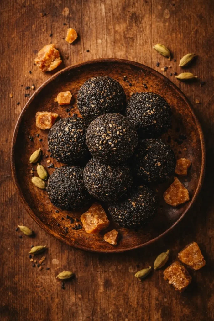 Golden Til Gur Ladoo made with black sesame seeds and natural jaggery — traditional Indian sweet recipe by Vedanna