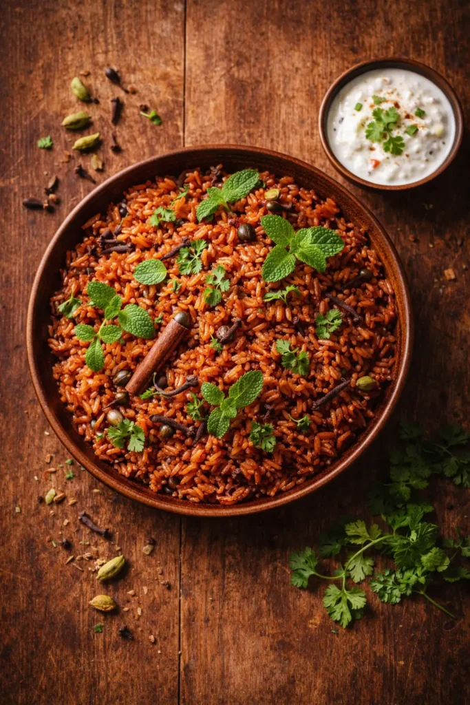 Traditional Red Rice Pulao garnished with coriander and mint — healthy Indian rice recipe by Vedanna