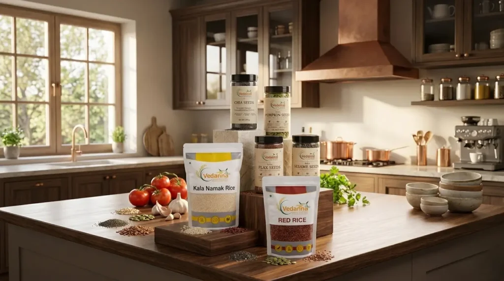 Premium collection of Vedanna brand wellness products including Kala Namak Rice, Red Rice, Chia Seeds, Pumpkin Seeds, Flax Seeds, and Sesame Seeds, in a sunlit modern kitchen hero shot