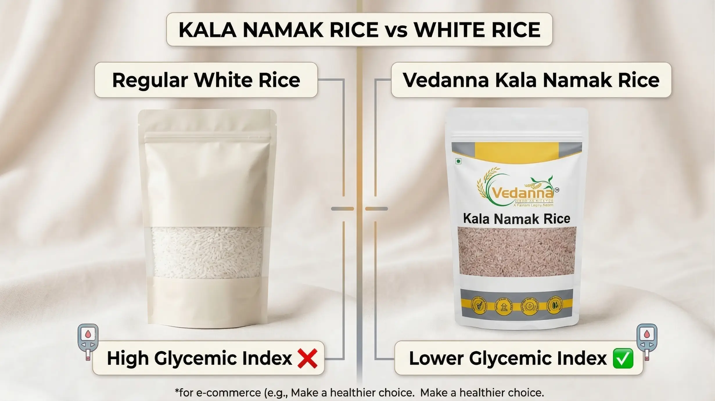Kalanamak rice vs white rice comparison showing low glycemic index diabetic friendly rice vs high GI white rice
