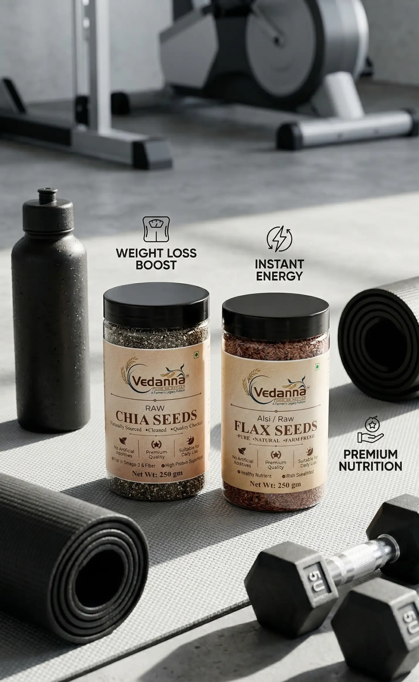 Vedanna Chia and Flax Seeds jars placed on a yoga mat in a gym setting with dumbbells and a water bottle, highlighting weight loss boost and instant energy benefits.