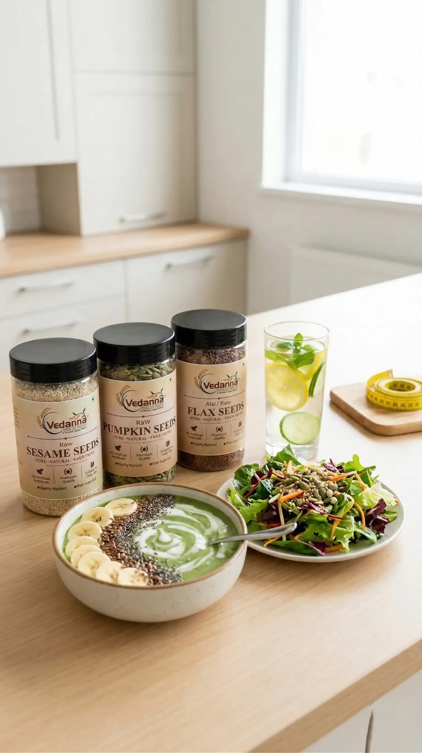 Vedanna seeds jars on a kitchen counter next to a green smoothie bowl topped with seeds, a fresh garden salad, and detox lemon water.