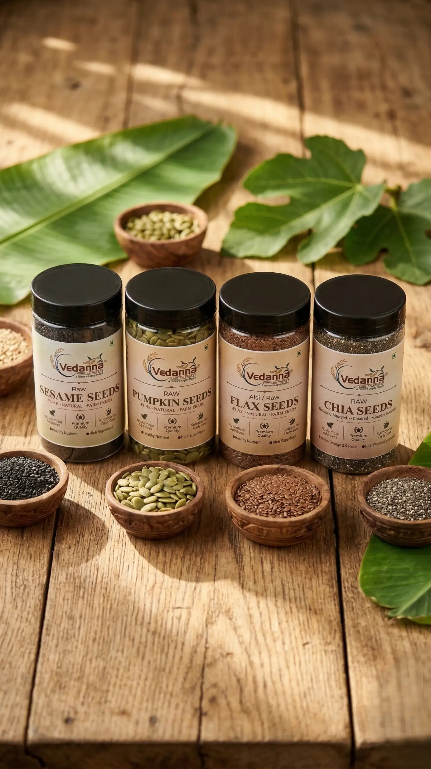 Vedanna seed combo pack with four jars and matching wooden bowls of chia, flax, pumpkin, and sesame seeds on a sunlit wooden table with green leaves.