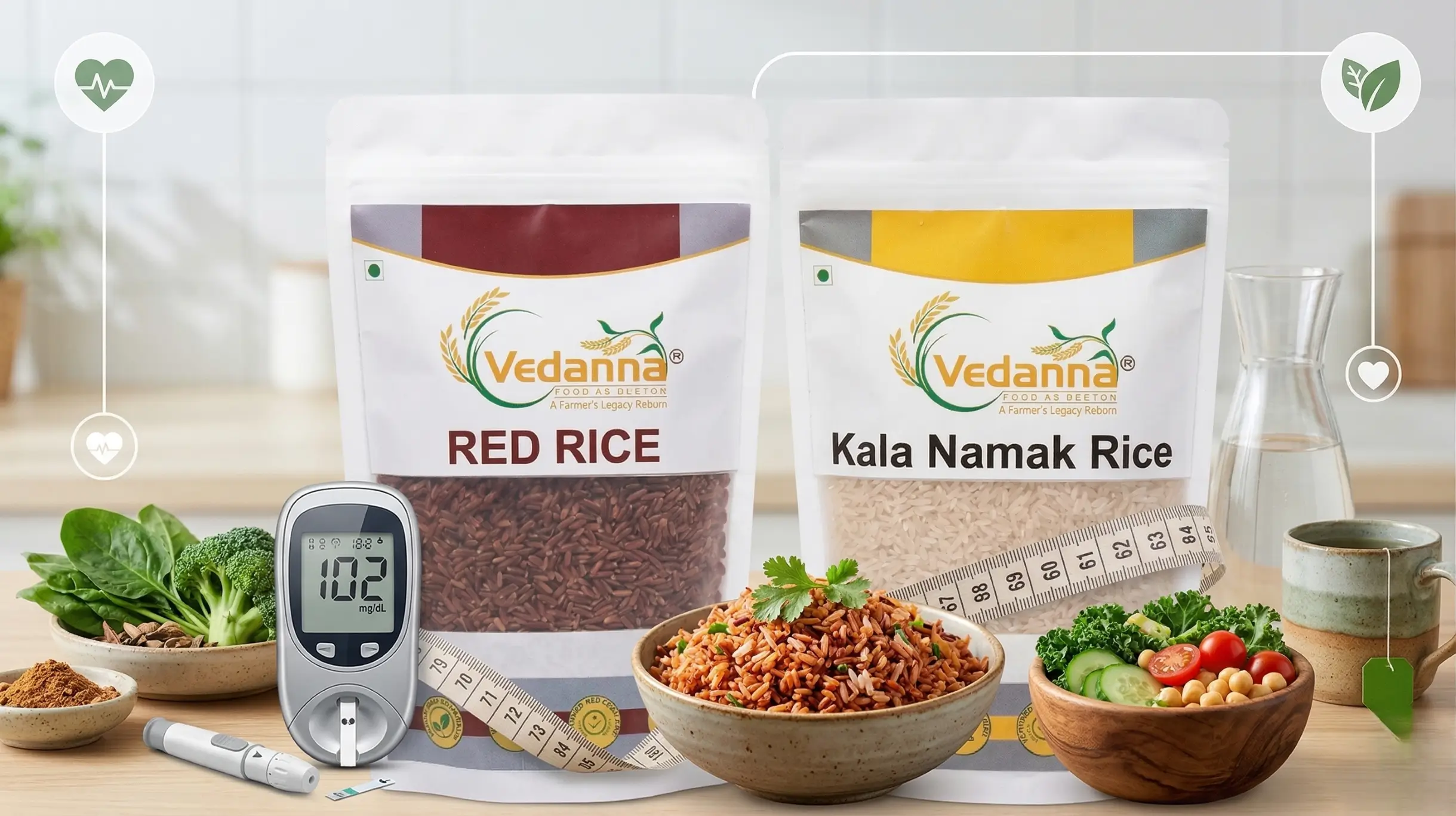 Diabetic rice combo with kalanamak rice and red rice low GI healthy rice for blood sugar control and weight loss Vedanna