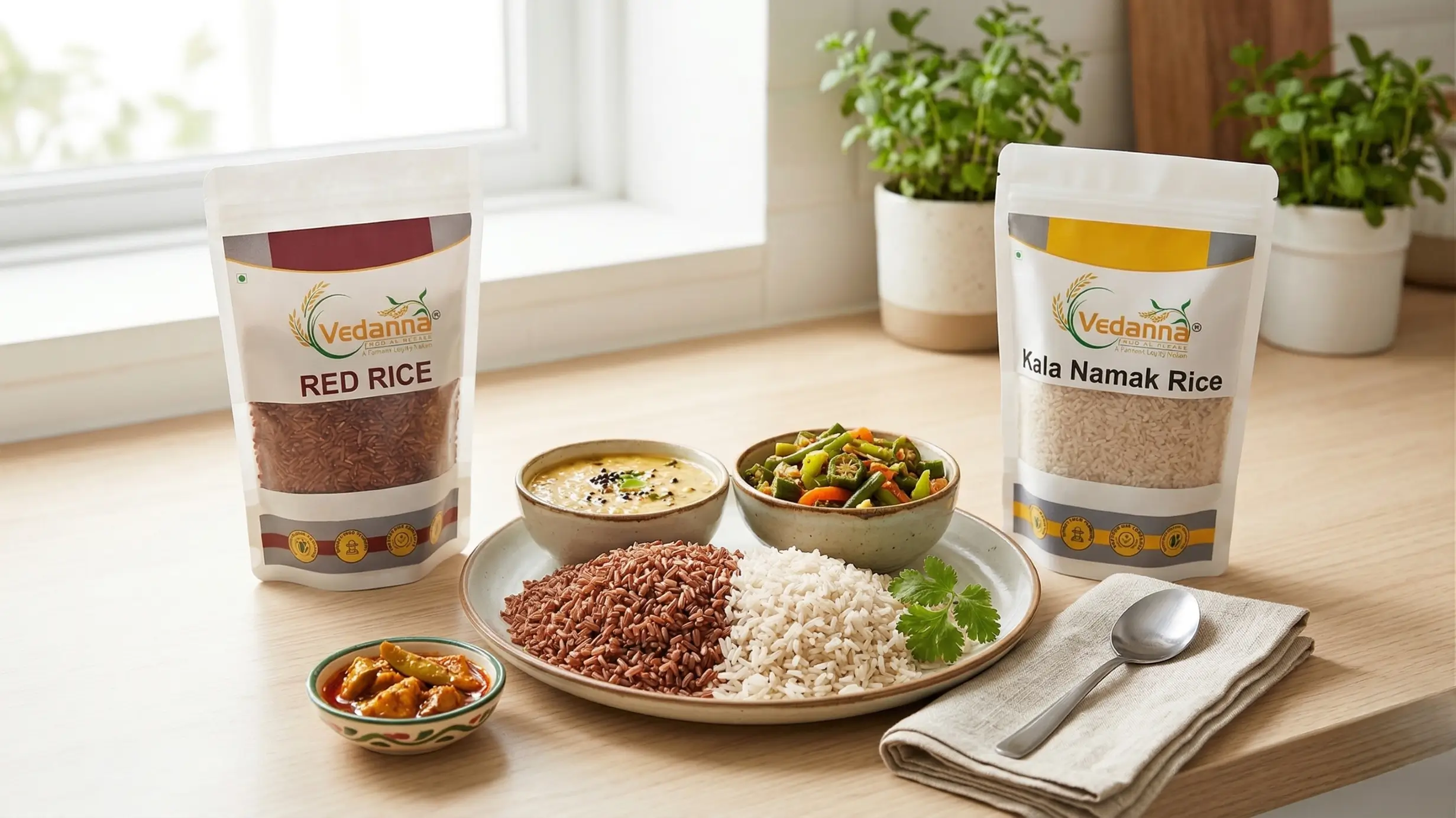 Healthy meal with Kalanamak rice and red rice diabetic rice combo low GI rice served with dal and vegetables Vedanna