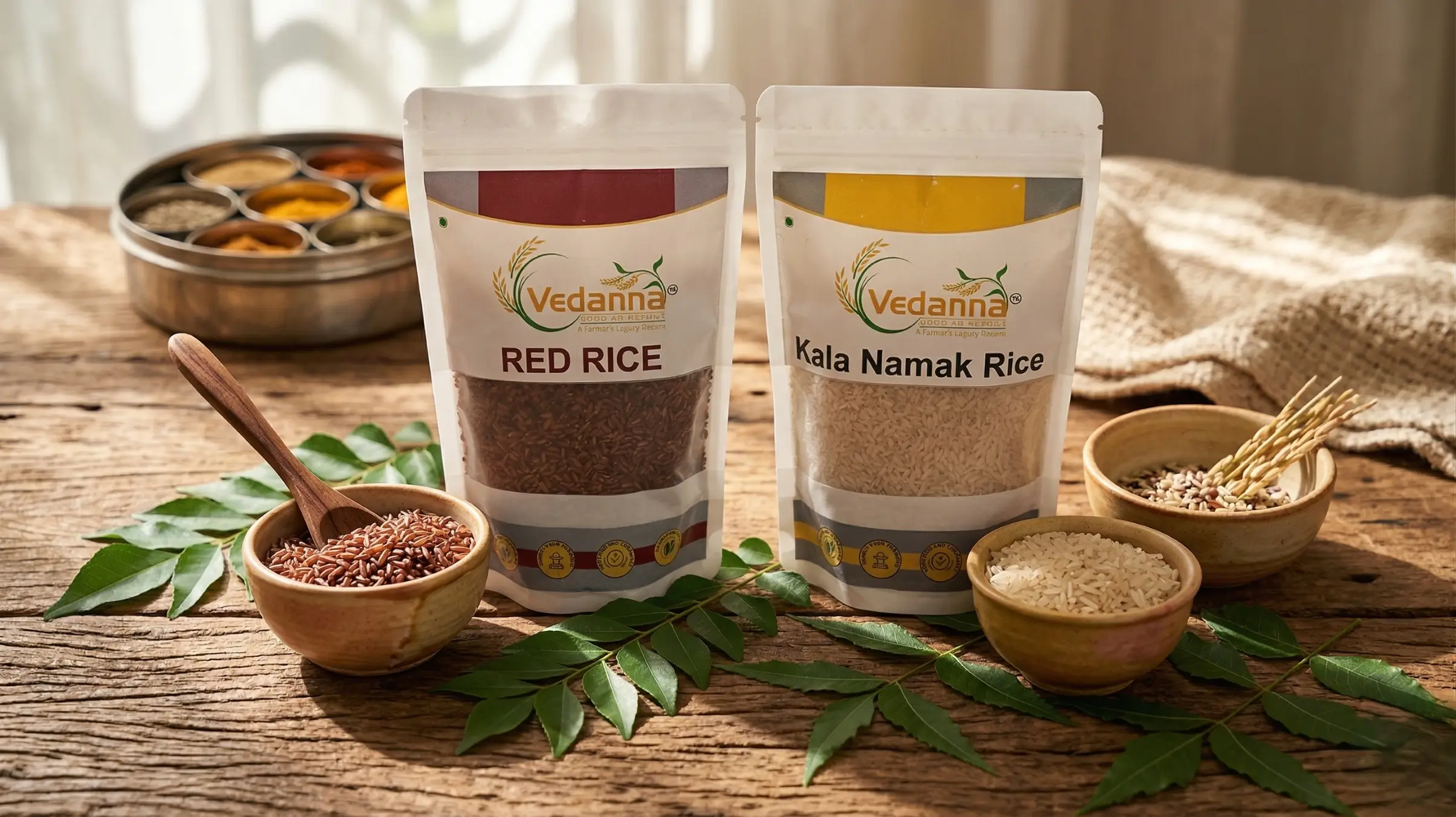 Vedanna diabetic rice combo with kalanamak rice and red rice organic low GI healthy rice on wooden background