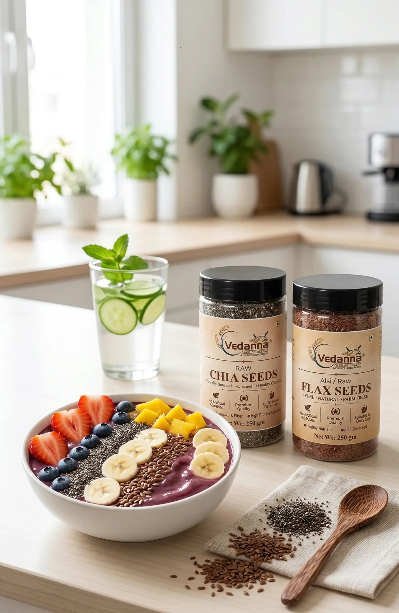 Vedanna Chia and Flax Seeds jars placed on a bright kitchen counter next to a vibrant acai smoothie bowl topped with fresh fruits, seeds, and a glass of cucumber detox water.