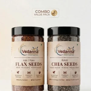 Vedanna brand Combo Value Pack featuring two transparent jars of Raw Chia Seeds and Alsi/Raw Flax Seeds side-by-side on a reflective white surface with minimalist premium packaging.