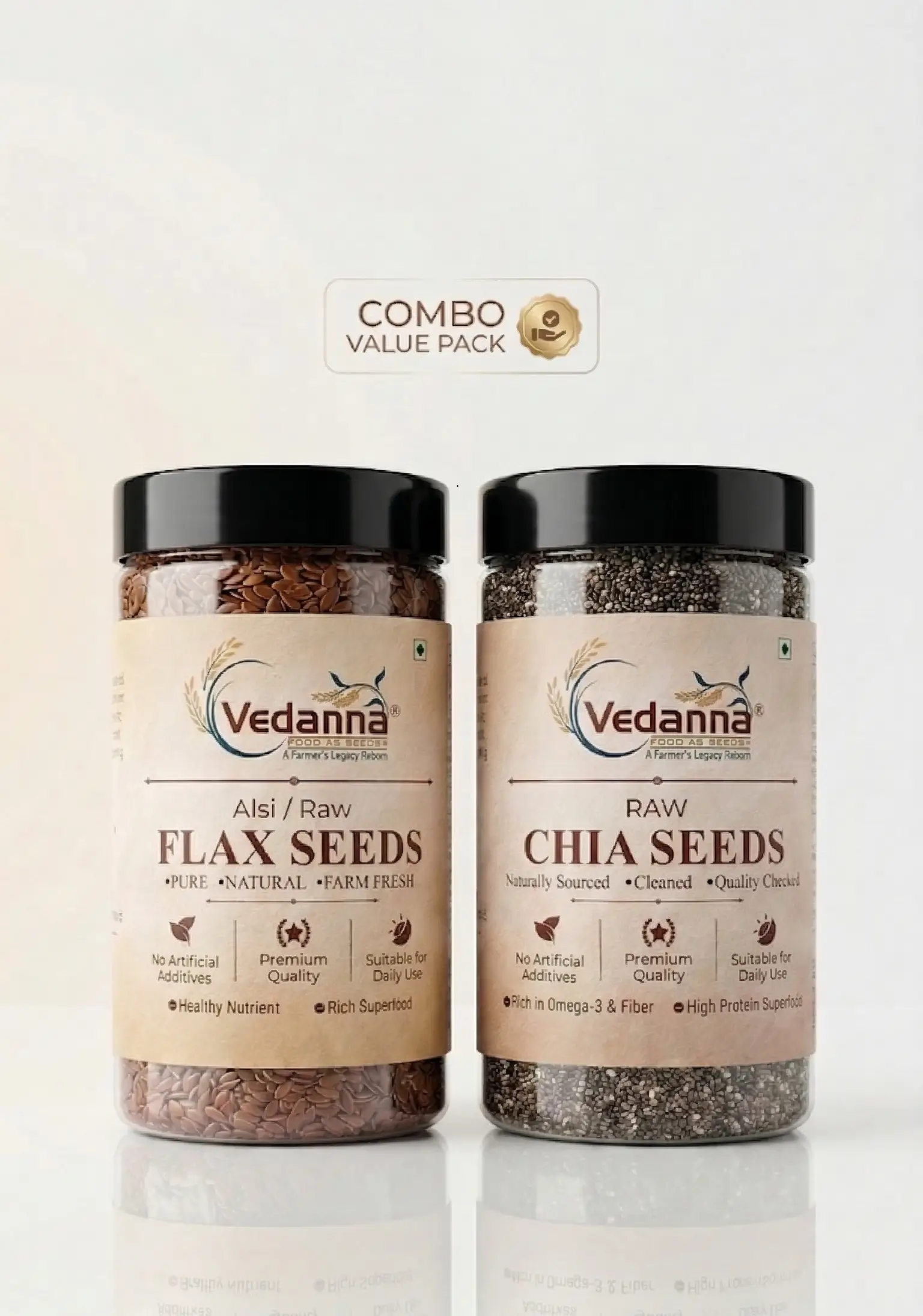 Vedanna brand Combo Value Pack featuring two transparent jars of Raw Chia Seeds and Alsi/Raw Flax Seeds side-by-side on a reflective white surface with minimalist premium packaging.