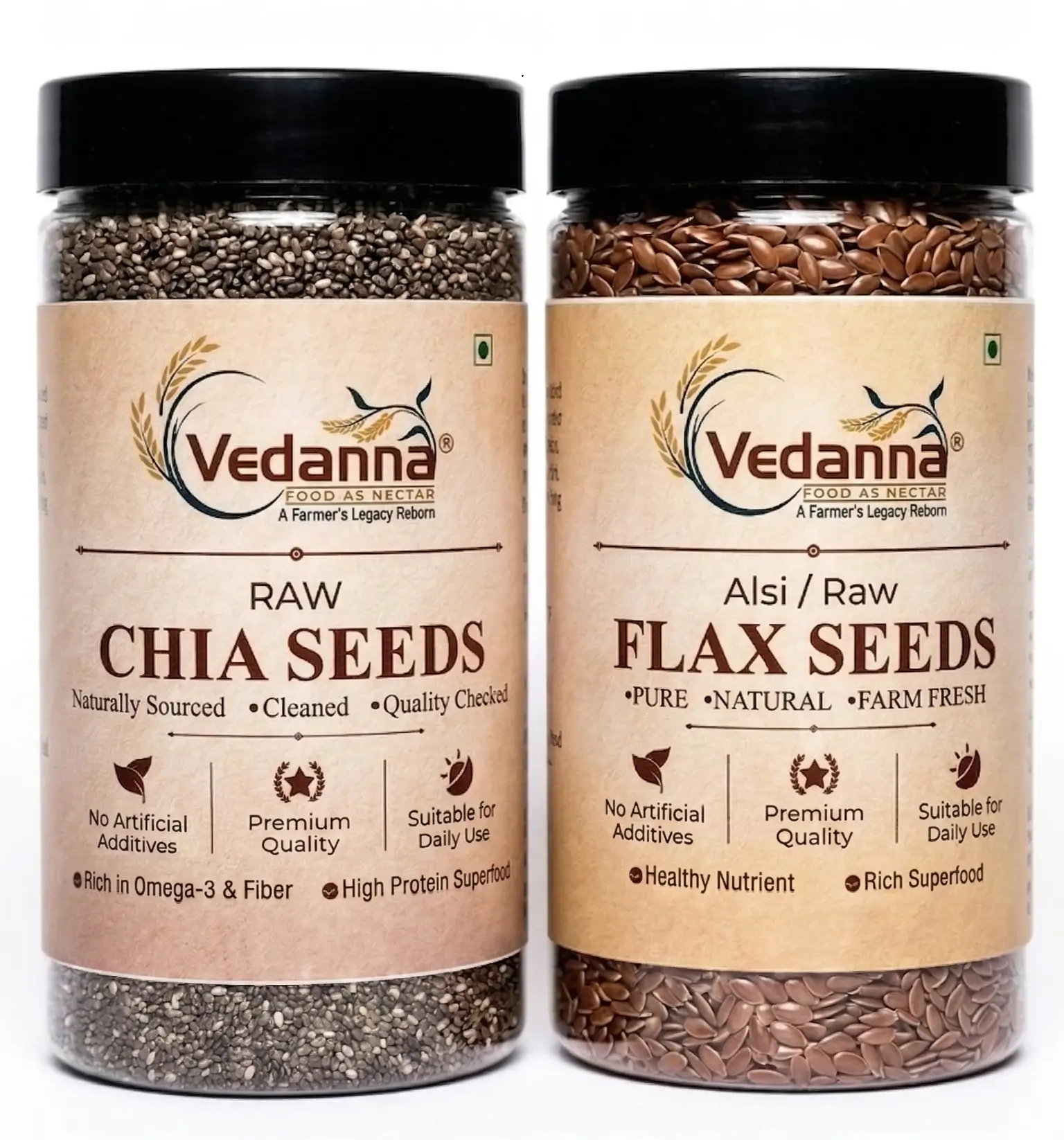 Vedanna brand premium combo pack of Raw Chia Seeds and Alsi (Flax Seeds) in transparent jars with black lids, showcasing natural textures on a clean white background.
