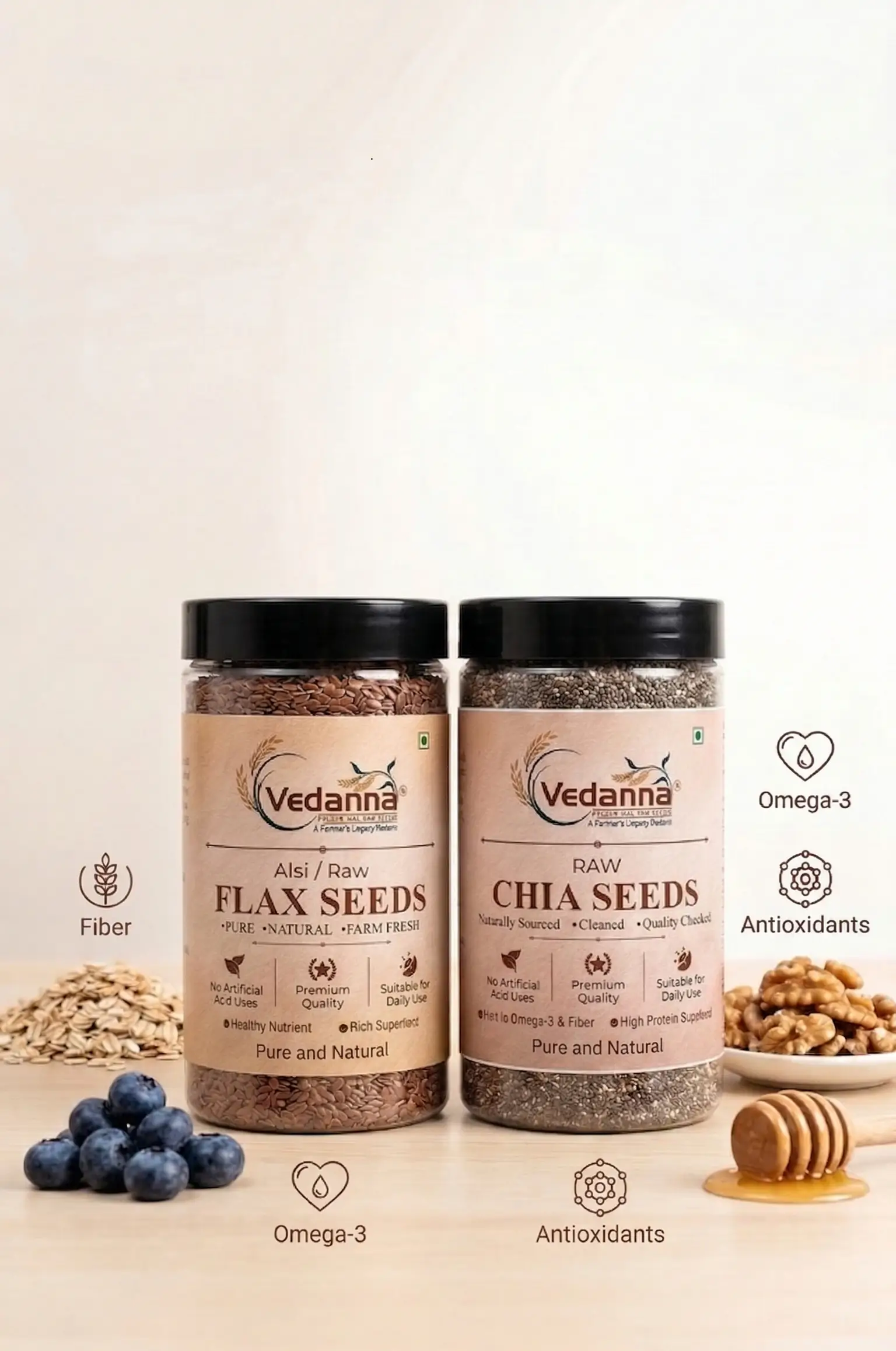 Vedanna Raw Chia Seeds and Alsi (Flax Seeds) jars on a light wooden surface with minimalist icons for Fiber, Omega-3, and Antioxidants, surrounded by blueberries, oats, walnuts, and honey.