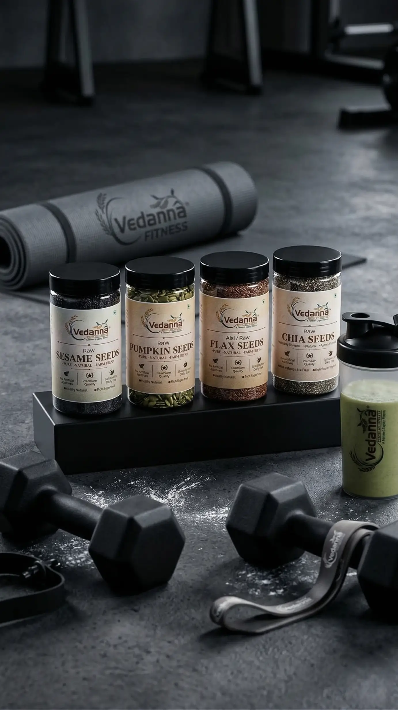 Vedanna 4-in-1 seed combo with chia, flax, pumpkin, and sesame seeds displayed in a gym setting with dumbbells and a yoga mat.