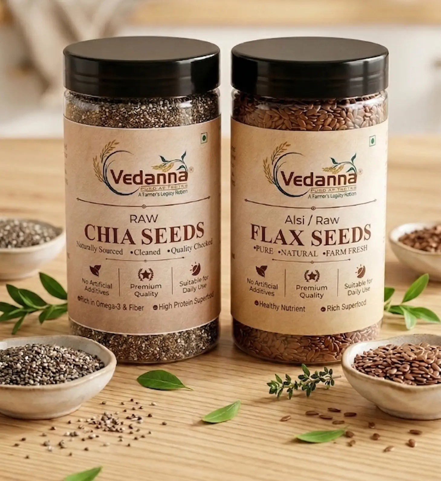 Vedanna Chia and Flax seeds jars in a bright kitchen setting on a light wooden table, surrounded by small ceramic bowls of raw seeds and fresh green leaves for an organic lifestyle vibe.