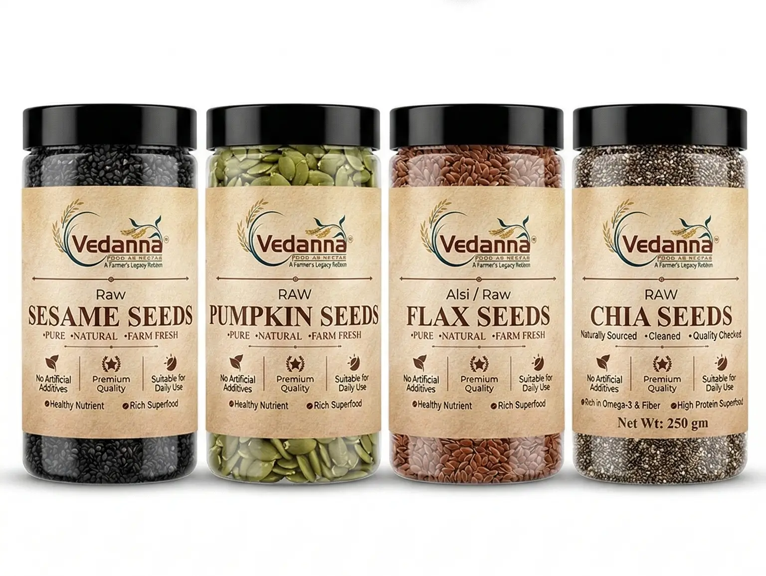 Four jars of Vedanna Raw Seeds arranged side-by-side: Sesame, Pumpkin, Flax, and Chia seeds. Premium e-commerce product photography on a white background.