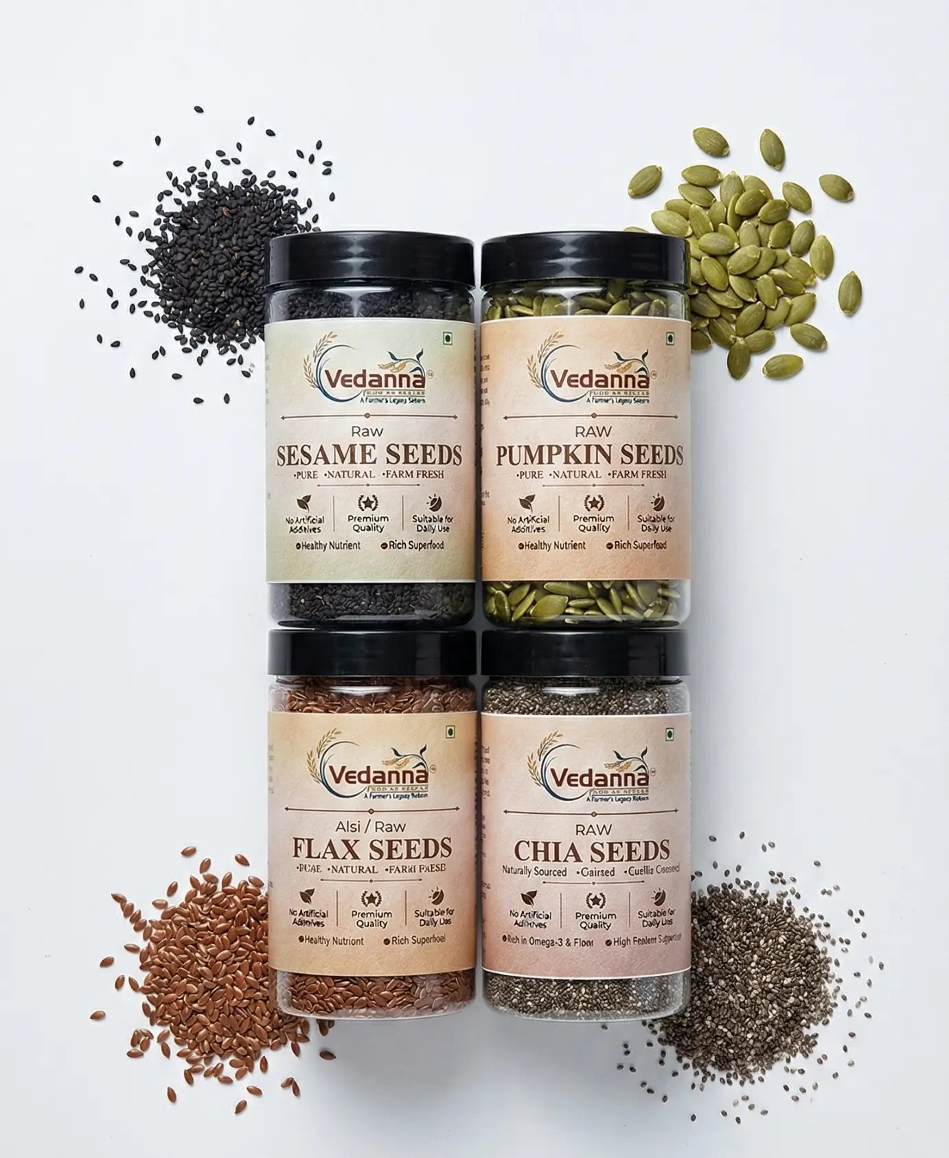 Vedanna 4-in-1 seed combo featuring chia, flax, pumpkin, and sesame seeds in transparent jars with black lids on a white background.