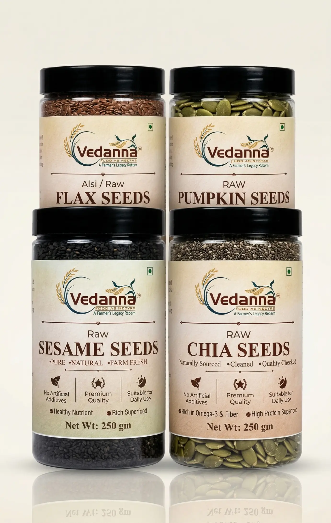 A professional pyramid arrangement of four Vedanna seed jars including Raw Flax, Pumpkin, Sesame, and Chia seeds with premium beige labels.