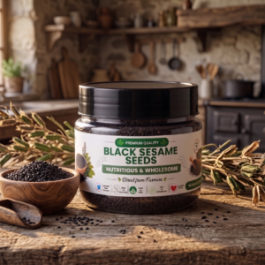 Black seed product jar on a rustic kitchen table with natural spices and herbs in the background
