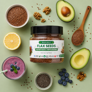 Flax seed product jar placed with avocado, lemon, smoothie bowl, and healthy ingredients on a blue background.